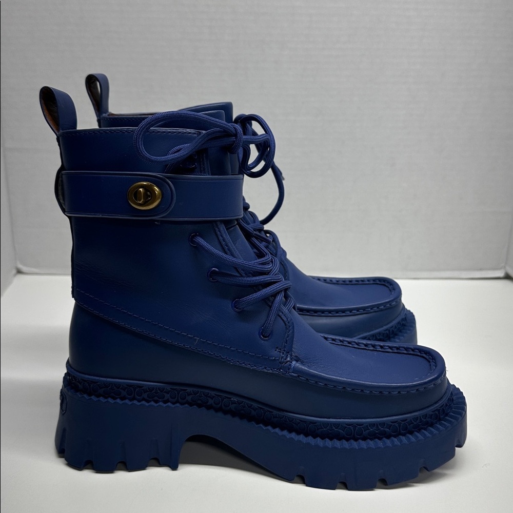 Coach Lace Up Bootie Ankle Boots Leather Rubber Sapphire Blue Womens Size 5.5 - Picture 2 of 10
